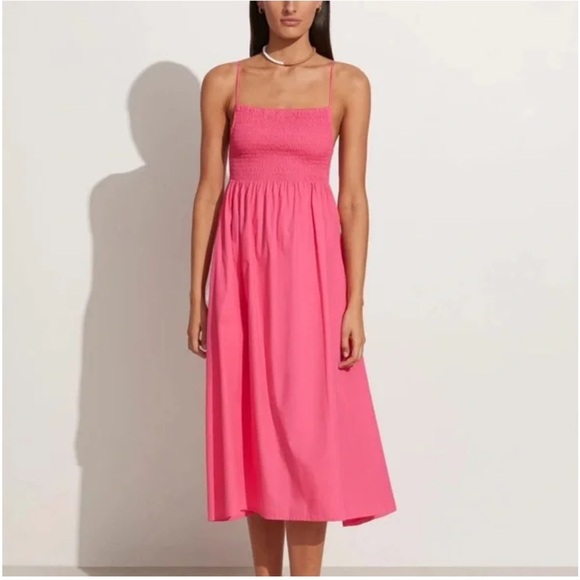 Faithfull the Brand Pink Smocked Midi Dress – 100% Cotton